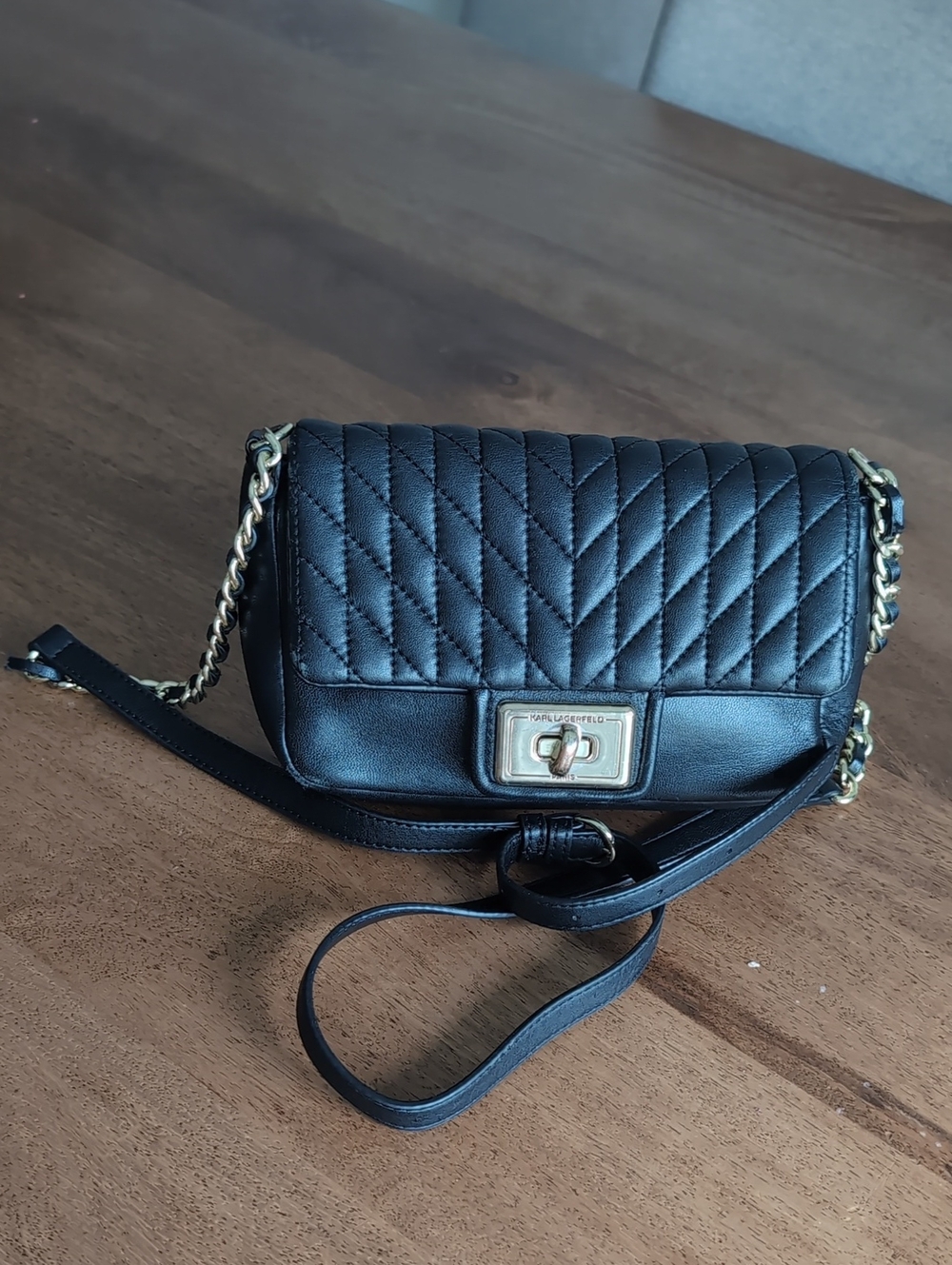 Karl Lagerfeld | Black Quilted Crossbody with Gold Chain